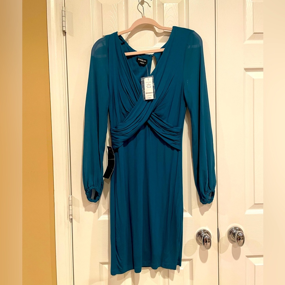 New Bebe teal sexy sheer long-sleeve cross front v-neck